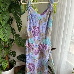 Meghan Matthews Vintage Floral Asymmetrical Midi Dress in Lavender